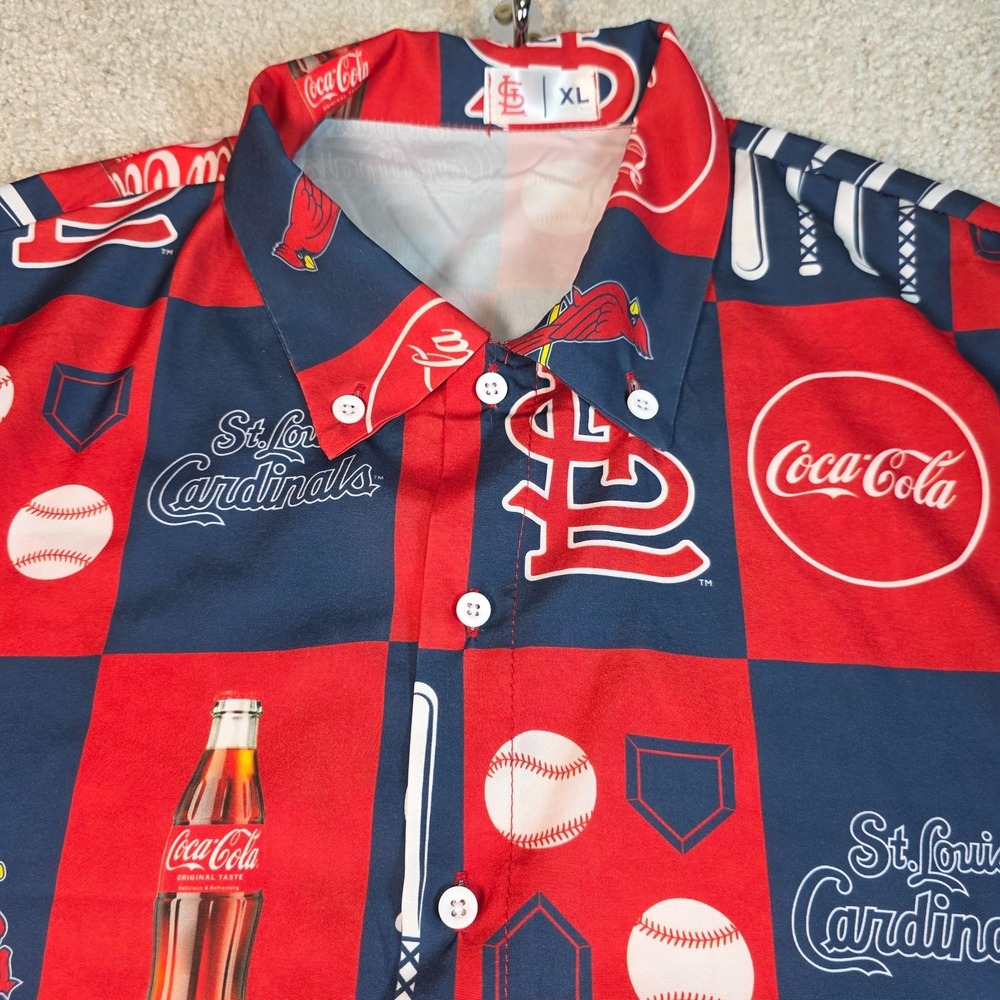 MLB St Louis Cardinals Coca-Cola Shirt Mens XL Red Blue AOP Checkerboard Button